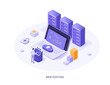 Character staying near control panel and managing files and data on cloud web server. Web hosting service with cyber security technology concept. Flat isometric vector illustration.