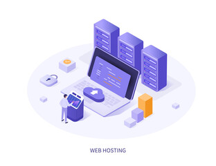 Character staying near control panel and managing files and data on cloud web server. Web hosting service with cyber security technology concept. Flat isometric vector illustration.