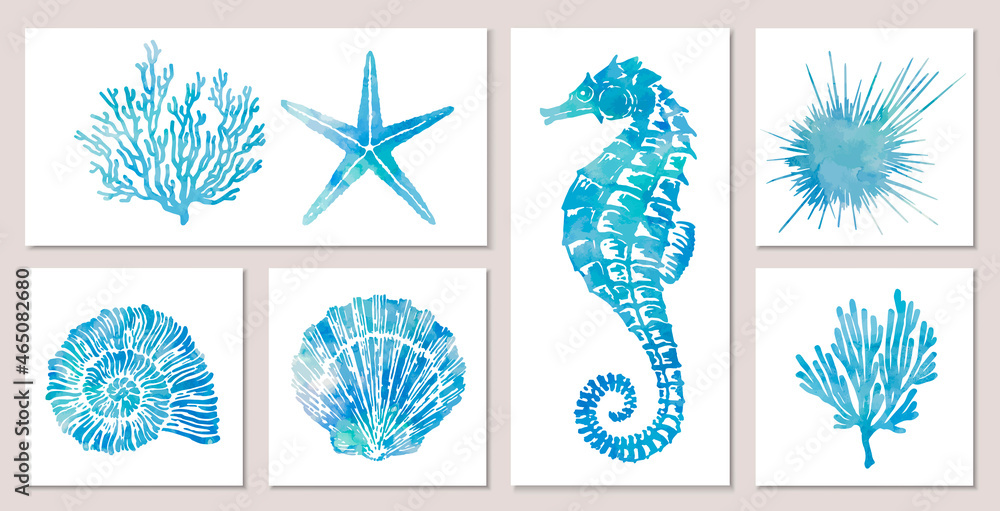Set of sea elements in blue watercolor style: seashells, starfish ...