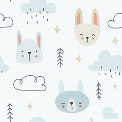 Wall Mural - cute doodle scandinavian bunny pattern with forest tree and rain clouds. seamless texture for textil