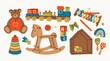 © Dariia - Various Toys for kids. Wooden train, rocking horse, teddy bear, toy cubes, xylophone, pyramid, doll house. Childhood, children games, preschool activities concept. Hand drawn Vector set
