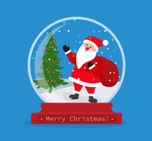 Christmas Snow Globe With Santa Claus Inside. Merry Christmas. Celebrating New Year And Christmas. Vector Illustration In Flat Style