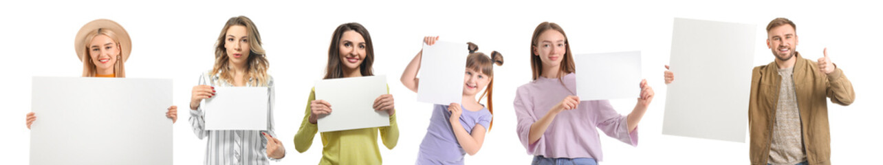 Sticker - Portrait of beautiful young woman with blank paper sheet on white background