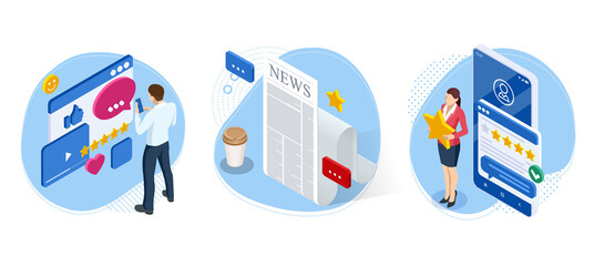 Isometric business news concept. Business news website on digital tablet, everyday searching for job and business opportunities.