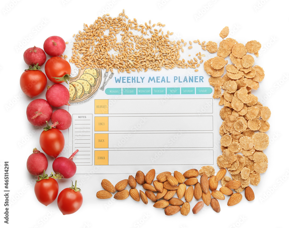 Meal plan and healthy products on white background