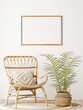 Horizontal wooden frame mockup in warm neutral beige room interior with wicker armchair, boho pillow, palm plant in woven basket and jute rug with tassels. Illustration, 3d rendering