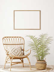 Aufkleber - Horizontal wooden frame mockup in warm neutral beige room interior with wicker armchair, boho pillow, palm plant in woven basket and jute rug with tassels. Illustration, 3d rendering