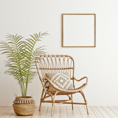 Poster - Square wooden frame mockup in warm neutral beige room interior with wicker armchair, boho pillow and palm plant in woven basket with tassels. Illustration, 3d rendering