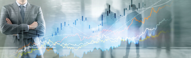 Wall Mural - Business finance growth graph chart analysing diagram trading and forex exchange concept double exposure