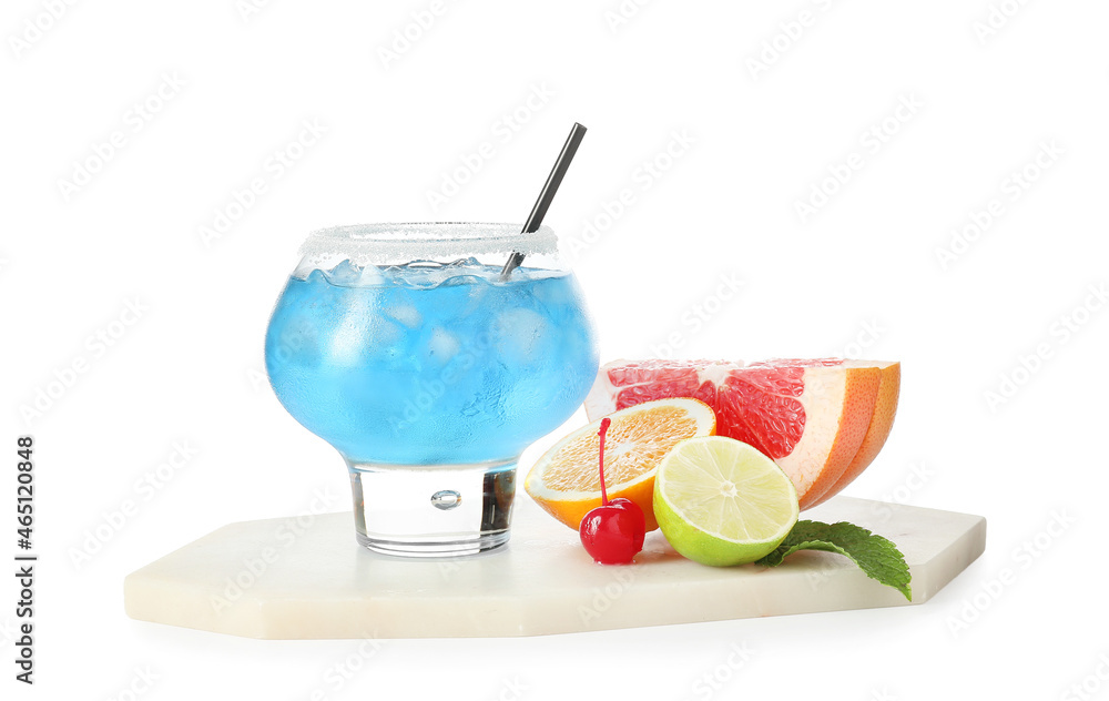 Glass of Blue Lagoon cocktail on white background