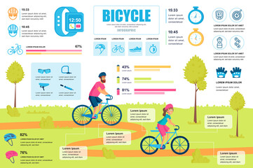 Leinwandbilder - Bicycle concept banner with infographic elements. Athletes in cycling, sport activity and healthy lifestyle. Poster template with graphic data visualization, timeline, workflow. Vector illustration