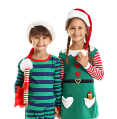 Canvas Print - Cute little children dressed as elves with Christmas gift on white background