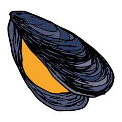 Wall Mural - an open orange mussel with a gray-blue shell. a hand-drawn sketch-style mussel is open from seafood, on a white background for a design template, packaging, menu