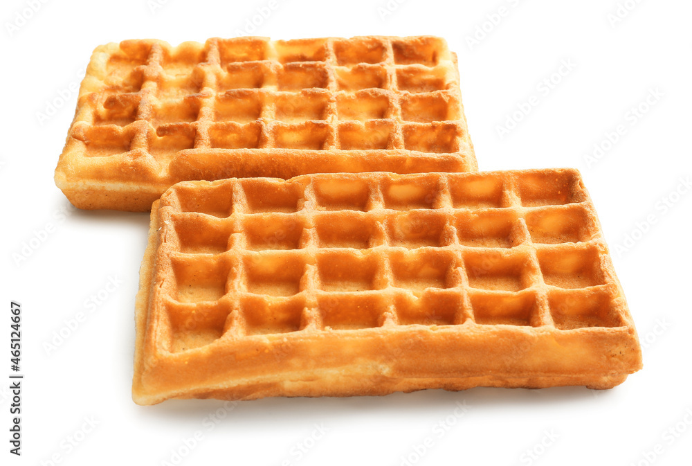 Tasty Belgian waffles on white background