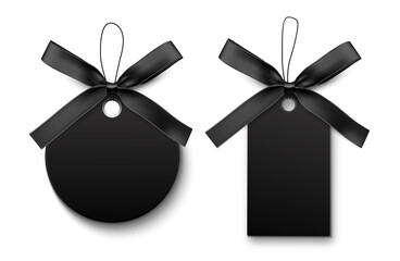 Wall Mural - black blank sale label with black bow and black ribbon isolated on white background.