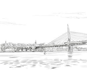  View of Istanbul from the sea. Istanbul. Turkey. Urban sketch. Hand drawn, vector illustration