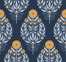 Stylized Dahlias Floral Damask In Cozy Colors. Soft Orange Flowers Motif, Blue-gray Leaves On Navy Background. Cozy Classic Hues For Creating A Comfortable Environment Paper Printed Or Digital Realm.