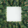 © jbuinac - 2022 Natural winter New Year square frame made of Christmas tree branches isolated on pastel white background. Minimal flat lay. Evergreen Christmas texture. Greeting card concept.