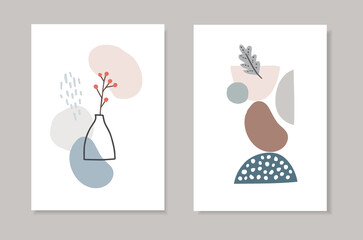 Wall Mural - Trendy set of winter, autumn greeting cards, invitations. Oak leaf and vase with berries. Abstract geometric shapes. Modern minimalist drawings, wall art, posters. Flat vector illustrations. Christmas