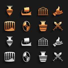 Sticker - Set Greek shield, Hand holding a fire, Crossed medieval sword, Ancient amphorae, column, Parthenon, and trireme icon. Vector