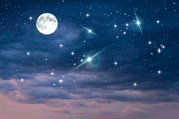 Wall Mural - big moon on dark blue lilac starry night bright star universe planet glowing light nebula milky way