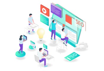 Aufkleber - the concept of isometric flat illustration seo optimization and web developer