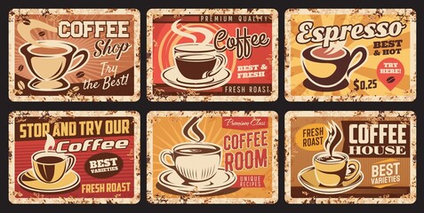 Sticker - Coffee vintage signs of cafe, coffee shop or bar vector design. Retro metal banners with espresso cups of brewed drink and roasted beans, mugs and saucers of latte or cappuccino caffeine beverages