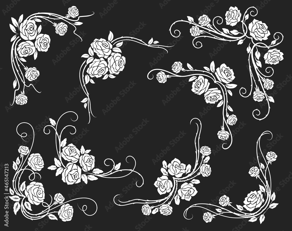 Rose corners and borders, dividers with scrolls, leaves and flower buds.  White rose floral vintage vector swirls and flourish ornaments or  embellishments for wedding or marriage decoration Stock Vector | Adobe Stock, image size:1000x793