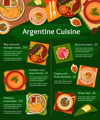 Sticker - Argentine cuisine vector menu with barbecue meat dishes, vegetable soup and desserts. Bbq chorizo sausages, pork chops and empanada pies, yerba mate, berry ice cream and dulce de leche with crepes