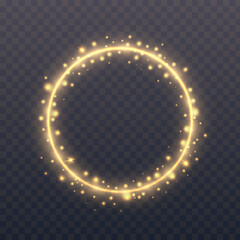 Poster - Glowing circle on transparent background. Gold ring with shining glitter. Round frame with particles. Modern element with glittering. Vector illustration