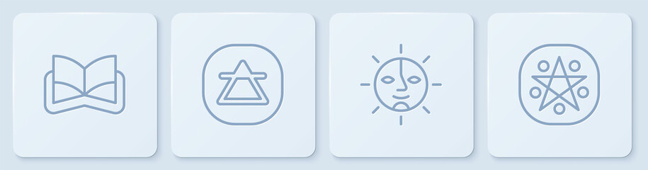 Set line Ancient magic book, Sun, Air element and Pentagram in circle. White square button. Vector