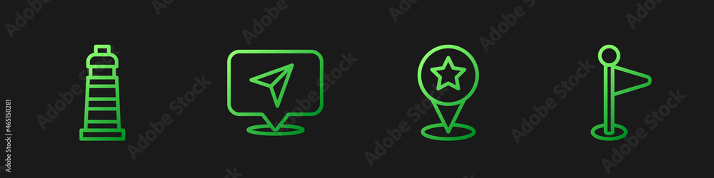 Set line Map pointer with star, Lighthouse, Infographic of city map ...