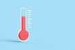 Leinwandbild Motiv Cartoon red thermometer isolated on blue background. The concept of weather and increased temperature from a pandemic. 3d render illustration.