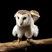 Common Barn Owl, Tyto Albahead, Sitting On A Branch With A Black Background