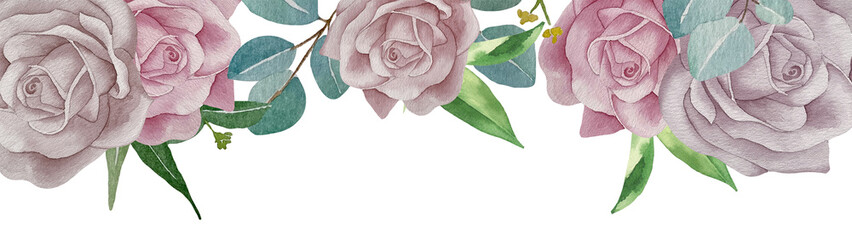 Watercolor pink and purple roses board. Watercolor hand painting floral background with place for text with bouquets of pink roses. Isolated on white background.