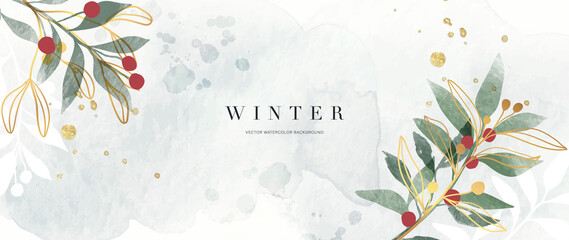 winter background vector. hand painted watercolor and gold brush texture, flower and botanical leave