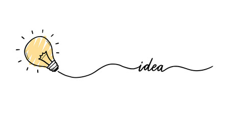 Idea light bulb. Doodle hand drawn sketch style lamp. Concept of business idea, solution, brainstorm. Lightbulb with line curve. Pencil draw style vector illustration.