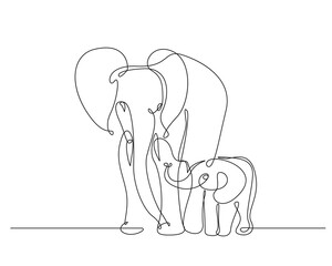 Elephants Continuous One Line Drawing. Elephants Family Line Art Illustration. Animals Minimalist Contour Illustration for Modern Design, Wall Art, Print, Poster, Banner. Vector EPS 10.