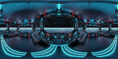 Aufkleber - HDRI panoramic view of dark blue spaceship interior with windows. High resolution 360 degrees panorama reflection mapping of a futuristic spacecraft 3D rendering