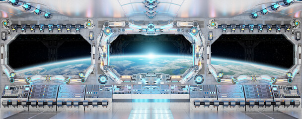 Wall Mural - White spaceship interior with glowing blue and red lights. Futuristic spacecraft with large window view on planet Earth. 3D rendering