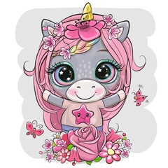 Wall Mural - cartoon unicorn with flowers on a gray background