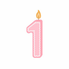 Illustration of a birthday candle number. The number one candle. A candle for a girl on her first birthday. Vector illustration on a white background isolated in a flat cartoon style