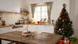 © PRPicturesProduction - Beautiful interior with modern kitchen and christmas tree. New years eve celebration concept. empty room with star xmas decoration and lights on the wall in bright cooking place indoors