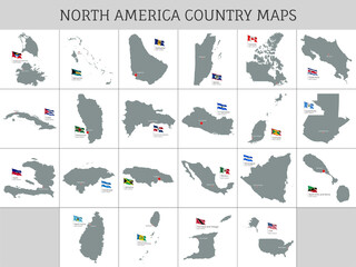 Wall Mural - north america country maps with waving flags set. highly detailed editable gray map silhouettes of n