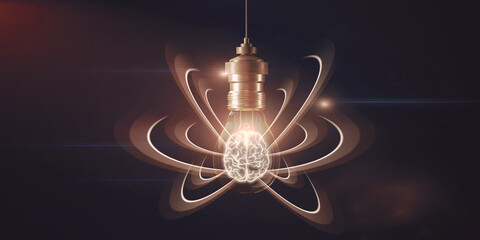 Wall Mural - Abstract light bulb on dark background with digital brain and atom outline. Artificial intelligence, science and innovation concept. 3D Rendering.
