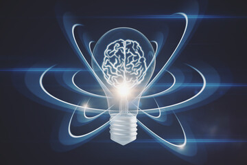 Abstract light bulb on dark wallpaper with digital brain and atom outline. Artificial intelligence, science and innovation concept. 3D Rendering.