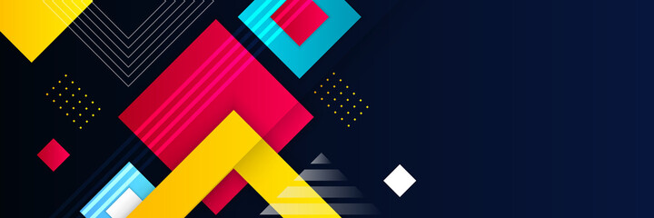 Colorful blue red and yellow glossy squares abstract tech banner design. Geometric vector background. Banner web design template dynamic pattern diagonal stripes line elements on blue background