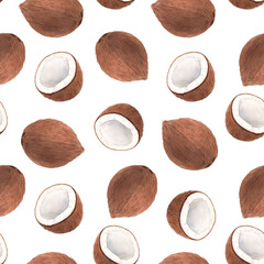 Beautiful seamless pattern with watercolor hand drawn coconuts. Stock illustration.