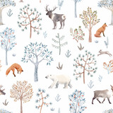 Fototapeta Dziecięca - Beautiful vector winter seamless pattern with hand drawn watercolor cute trees and forest bear fox deer animals. Stock illustration.