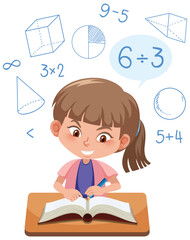 Girl learning math with math symbol and icon